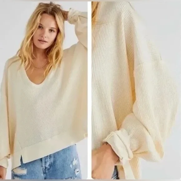 NWT Free People M Santa Clara Thermal in Alabaster White Top New V-Neck $78 ret. - Picture 2 of 7